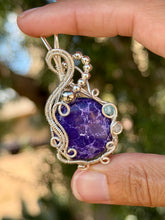 Load image into Gallery viewer, Lightning purple magnesite with blue topaz + moonstone gem accents wire wrapped pendant necklace
