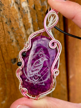 Load image into Gallery viewer, DUO TONED WIRE + DESIGNER STONE (etched by Marina Rabinskaya) Dragon Vein Agate with strawberry quartz + onyx inclusions Wire wrapped pendant
