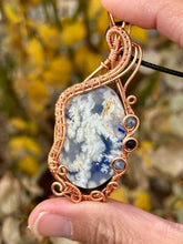 Load image into Gallery viewer, Reserved for Ashlee b DESIGNER CAB Sky plume agate with lapis lazuli + sugilite inclusions Wire wrapped pendant
