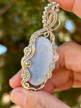 Load image into Gallery viewer, Blue owhyee opal with aquamarine + rose quartz gem accents wire wrapped pendant necklace
