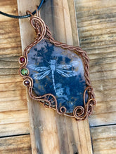 Load image into Gallery viewer, RESERVED FOR CHERI F Dendritic agate (etching by Marina Rabinskaya) with turquoise and garnet gem inclusions wire wrapped pendant talisman necklace
