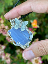 Load image into Gallery viewer, Reserved for Denise a Blue Lace Agate with Gem inclusions Wire wrapped pendent necklace
