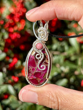 Load image into Gallery viewer, Pink Mosaic Agate with Rhodonite gem accents wire wrapped pendant necklace
