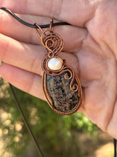 Load image into Gallery viewer, Flower obsidian with pearl gem accents wire wrapped pendant necklace
