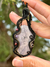 Load image into Gallery viewer, Artisan cab (positive rock) purple imperial jasper with maroon mookaite + amethyst gem accents wire wrapped pendant necklace
