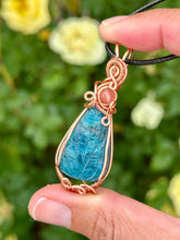 Load image into Gallery viewer, Blue Apatite with cherry quartz gem accent wire wrapped pendant necklace
