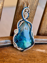 Load image into Gallery viewer, Artisan stone (positive rocks) blue crazy lace agate with aquamarine gem accent wire wrapped pendant necklace

