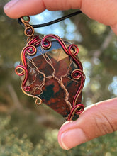Load image into Gallery viewer, Faceted bloodstone with garnet + zoisite gem accents tree of life wire wrapped pendant necklace
