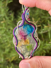 Load image into Gallery viewer, Artisan cab (adit stones) Rainbow Plume Agate with blue apatite, amethyst, raspberry jade gem accents wire wrapped pendant necklace
