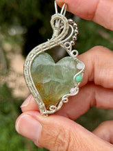 Load image into Gallery viewer, Green fluorite heart with rose quartz + turquoise gem accents wire wrapped pendant necklace
