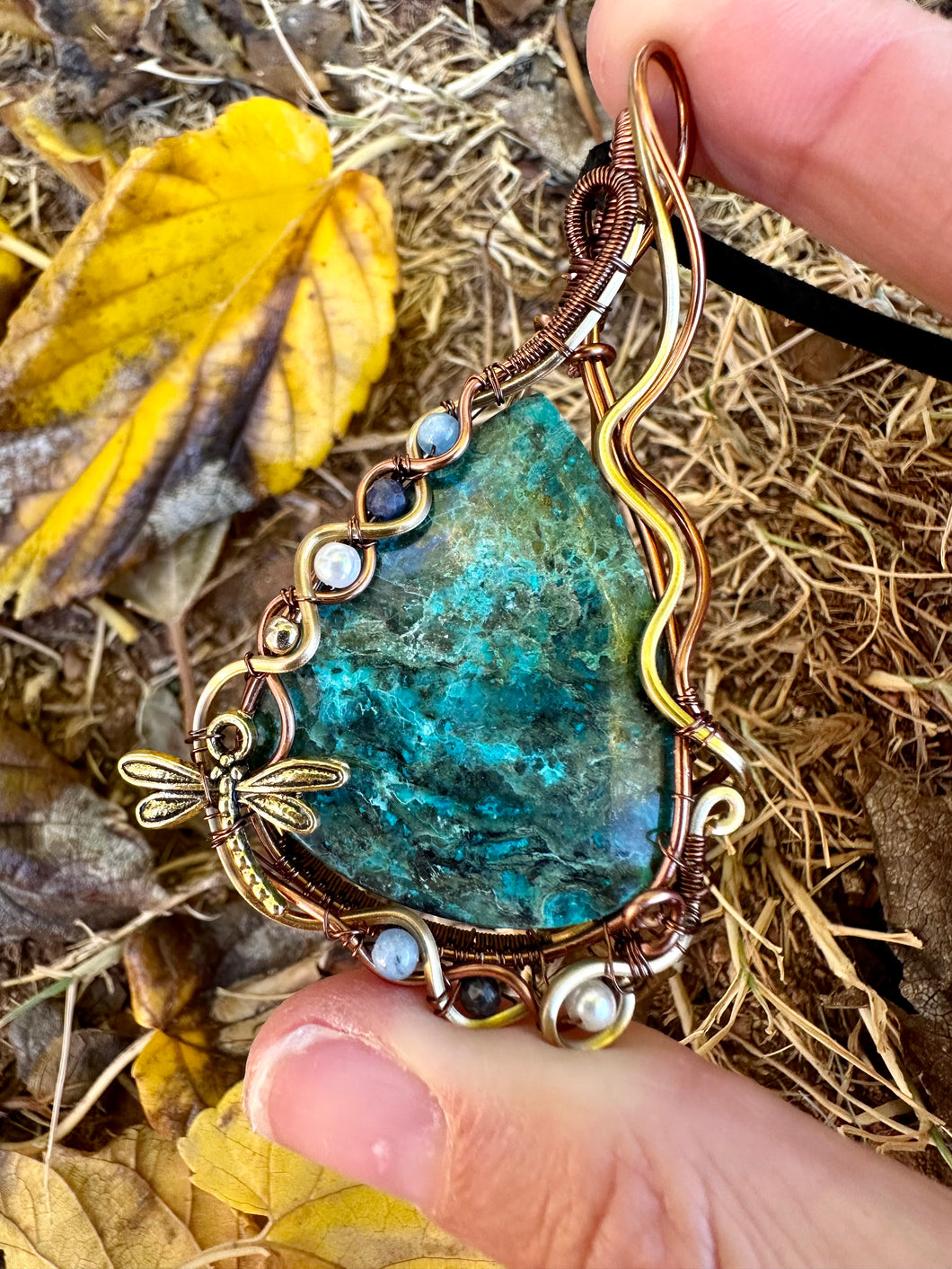 Reserved for Keri k Azurite/Shattuckite with Gem inclusions Wire Wrapped Pendent Necklace