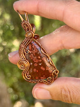 Load image into Gallery viewer, Artisan cab (positive rock) red river jasper with citrine + garnet gem accents wire wrapped pendant necklace
