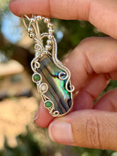 Load image into Gallery viewer, Abalone with sea sediment jasper + mother of pearl gem accents wire wrapped pendant necklace
