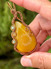 Load image into Gallery viewer, Artisan cab ( marina rabinskaya) yellow onyx with green aventurine + citrine gem accents wire wrapped pendant necklace
