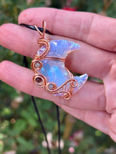 Load image into Gallery viewer, Opalite moon with blue kyanite + obsidian gem accents wire wrapped pendant necklace

