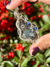 Load image into Gallery viewer, ARTISAN CAB (flintstone cabs) Marcasite in black agate with lapis lazuli + pyrite gem accents wire wrapped pendant necklace
