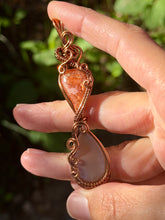 Load image into Gallery viewer, Sunstone + grey moonstone double decker wire wrapped pendant necklace

