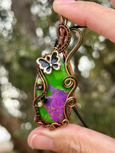 Load image into Gallery viewer, Reserved for Denise a DUO TONED WIRE Purple/Green Magnesite with peridot + onyx inclusions + butterfly charm Wire wrapped pendent
