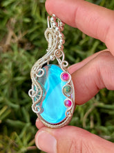 Load image into Gallery viewer, Angel aura quartz with pink agate + sea sediment jasper gem accents wire wrapped pendant necklace
