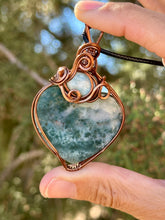 Load image into Gallery viewer, Moss agate with larimar gem accent wire wrapped pendant necklace
