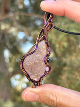 Load image into Gallery viewer, Reserved for Kimberly p DUO TONED WIRE + DESIGNER CAB amethyst spirit druzy quartz with amethyst + tourmaline inclusions Wire wrapped pendant
