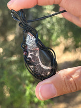Load image into Gallery viewer, Artisan cab (johari gems) Lava vein Crazy lace agate with obsidian and garnet gem accents wire wrapped pendant necklace
