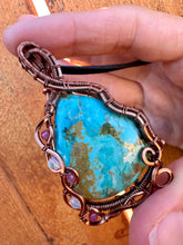 Load image into Gallery viewer, Reserved for Jennifer p Sky turquoise with Ethiopian Opal + Ruby Gem Inclusions Wire Wrapped Pendent Necklacee

