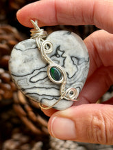 Load image into Gallery viewer, Black and white (dyed) crazy lace agate heart with smoked Ethiopian opal gem accent wire wrapped pendant necklace
