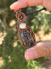 Load image into Gallery viewer, Flower obsidian with pearl gem accents wire wrapped pendant necklace
