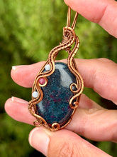 Load image into Gallery viewer, Ruby in kyanite with Angelite + pink agate gem accents wire wrapped pendant necklace
