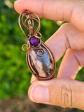 Load image into Gallery viewer, Coconut jasper with raspberry jade gem accents wire wrapped pendant necklace
