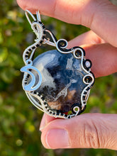Load image into Gallery viewer, Artisan cab (positive rocks) black scenic maligano jasper with onyx + moonstone gem accent wire wrapped pendant necklace
