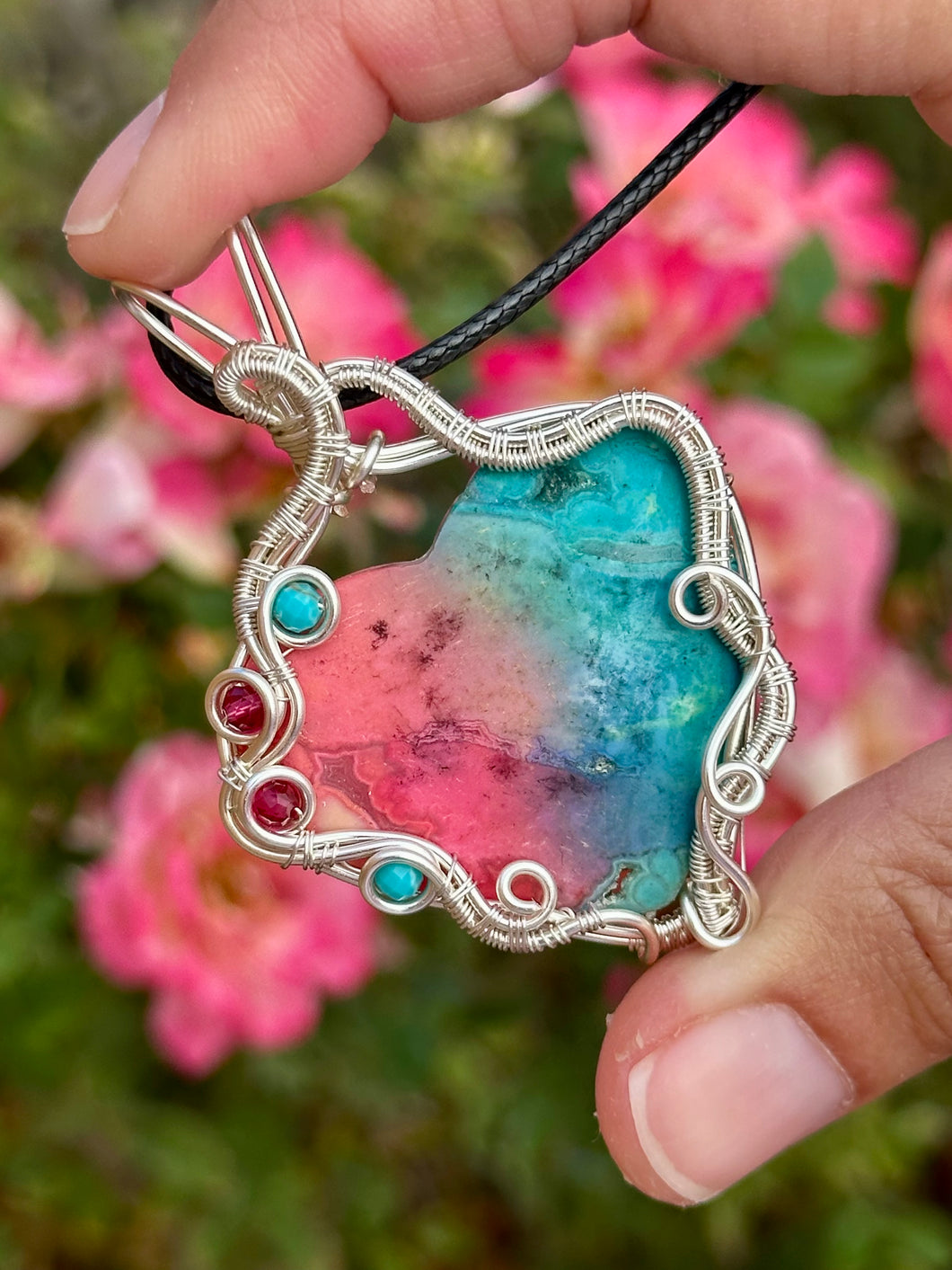 ARTISAN STONE (Ibrahim Opic) rainbow solar agate (dyed color) with turquoise + raspberry jade gem accents wire wrapped pendant necklace