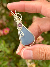 Load image into Gallery viewer, Angelite + purple fluoride gem accent  wire wrapped pendant necklace
