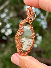 Load image into Gallery viewer, Peace jade with copper coated hematite + peridot gem accents wire wrapped pendant necklace
