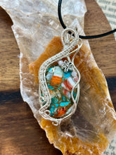 Load image into Gallery viewer, DESIGNER STONE spiny oyster turquoise with rhodochrosite + rose quartz inclusions Wire wrapped pendant
