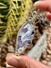 Load image into Gallery viewer, Artisan cab (positive rocks) purple aurora opal with plume agate doublet with onyx + blue kyanite gem accents wire wrapped pendant necklace
