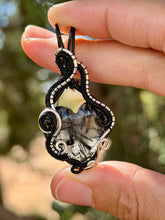 Load image into Gallery viewer, Rutile quartz heart with onyx gem stone accents wire wrapped pendant necklace
