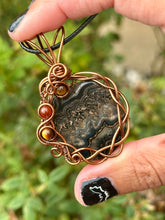 Load image into Gallery viewer, Black Crazy Lace Agate with red jasper + tigers eye gem accents wire wrapped pendant necklace
