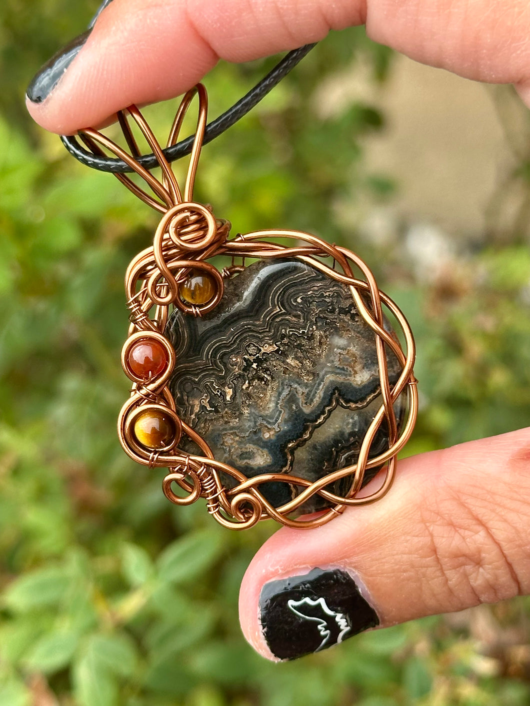 Black Crazy Lace Agate with red jasper + tigers eye gem accents wire wrapped pendant necklace
