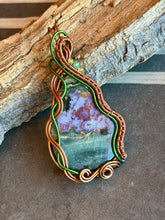 Load image into Gallery viewer, Artisan cab (positive rocks) Indian agate with prehnite with zoisite gem accent wire wrapped pendant necklace
