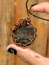 Load image into Gallery viewer, Black Crazy Lace Agate with red jasper + tigers eye gem accents wire wrapped pendant necklace
