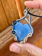 Load image into Gallery viewer, DUO TONED WIRE Blue owhyee opal with lapis lazuli + pyrite inclusions wire wrapped pendent
