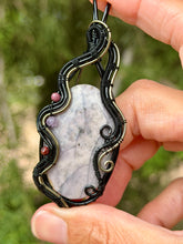 Load image into Gallery viewer, Artisan cab (positive rock) purple imperial jasper with maroon mookaite + amethyst gem accents wire wrapped pendant necklace
