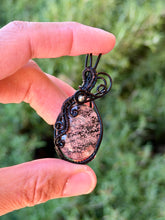 Load image into Gallery viewer, Flower obsidian with pyrite gem accent wire wrapped pendant necklace

