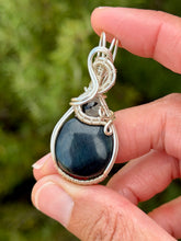 Load image into Gallery viewer, Blue tiger eye with rutile quartz gem accent wire wrapped pendant necklace
