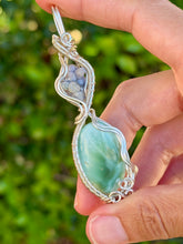 Load image into Gallery viewer, Hemimorphite with grape agate double stone wire wrapped pendant necklace
