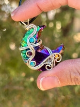 Load image into Gallery viewer, Titanium aura obsidian moon with turquoise + amethyst gem accents wire wrapped pendant necklace
