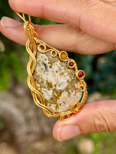 Load image into Gallery viewer, Artisan cab (positive rock) ocean jasper druzy with yellow mookaite, hematite, red mookaite gem accents wire wrapped pendant necklace
