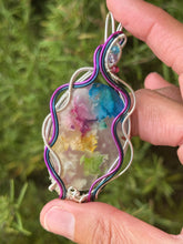 Load image into Gallery viewer, Artisan cab (adit stones) Rainbow Plume Agate with blue apatite, amethyst, raspberry jade gem accents wire wrapped pendant necklace
